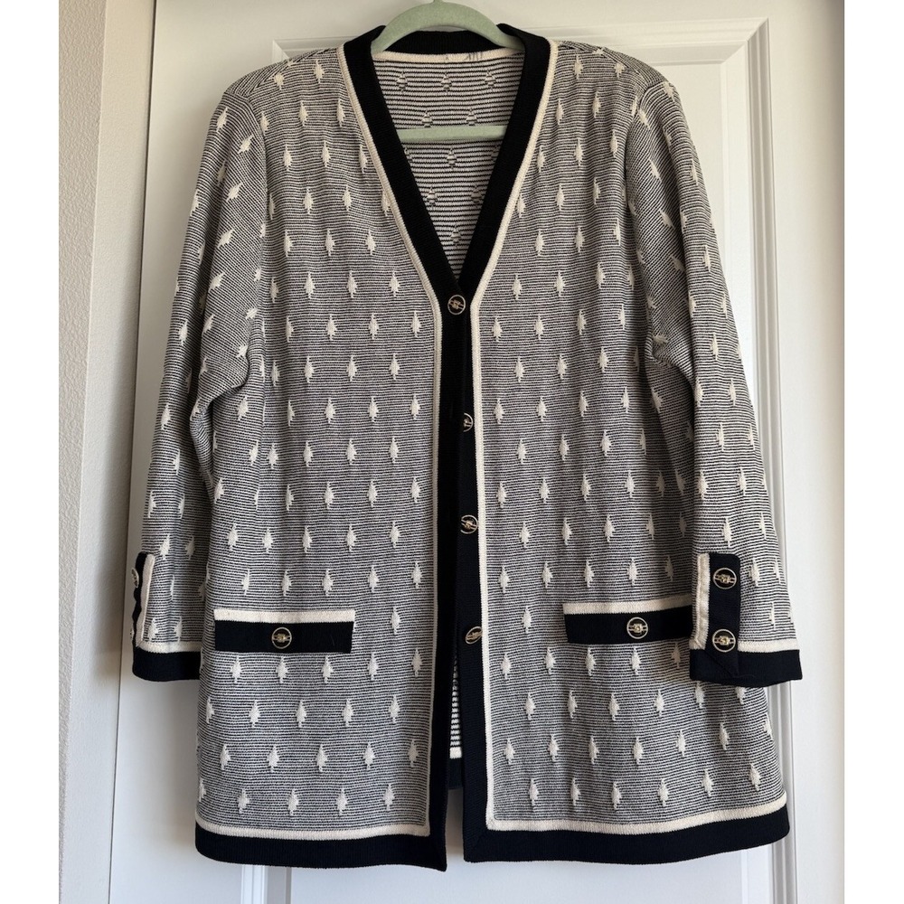 st john by marie‎ gray cardigan Gray White Knit Sweater Size 14 Buttons santana